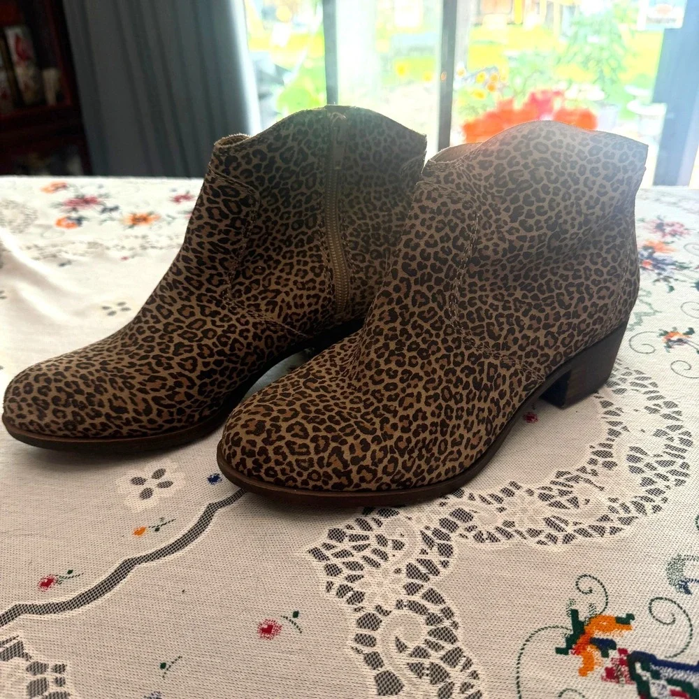 Lucky Brand Belia Ankle Bootie 7.5W Leopard Print Tan Brown Leather Shoes